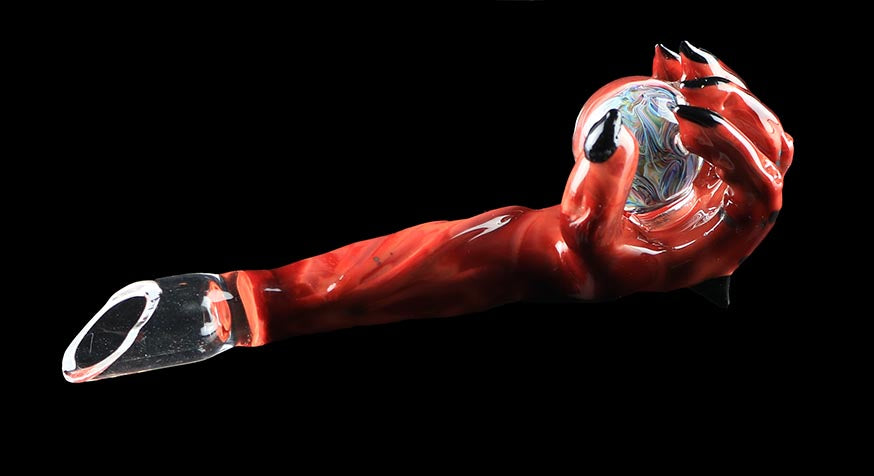 Devil's Right Hand holding a tie-dye marble, Concentrate Dabber Collab with Phil Sundling & Revlock Glass